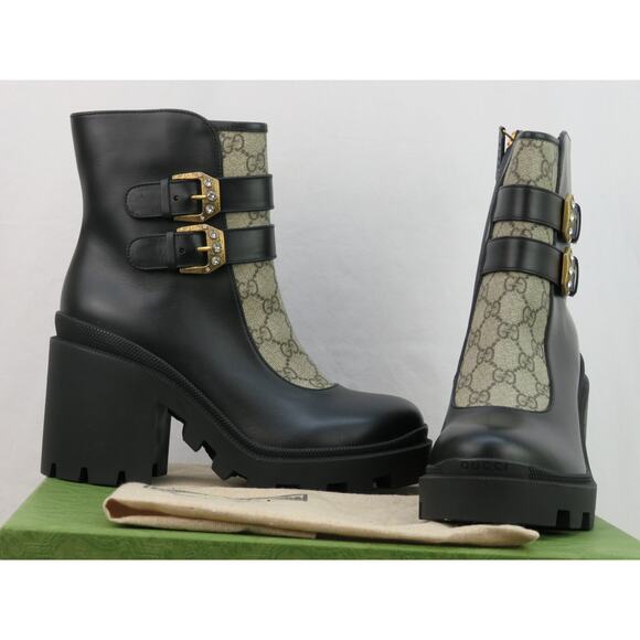 GUCCI SUPREME KENSINNGTON LEATHER LOGO MONOGRAM CRYSTALS BUCKLE SHORT BOOTS 39.5 - Picture 10 of 12